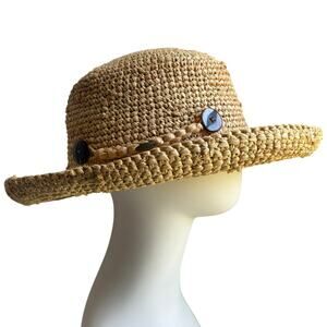 Scala Collection Woven Straw Hat Braided Band Button Detail One Size